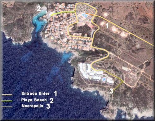 GOOGLE EARTH map marking the path with the entrance itineraries, the descent to the beach, and the route to reach the necropolis passing by the villas of Ses Tanques.